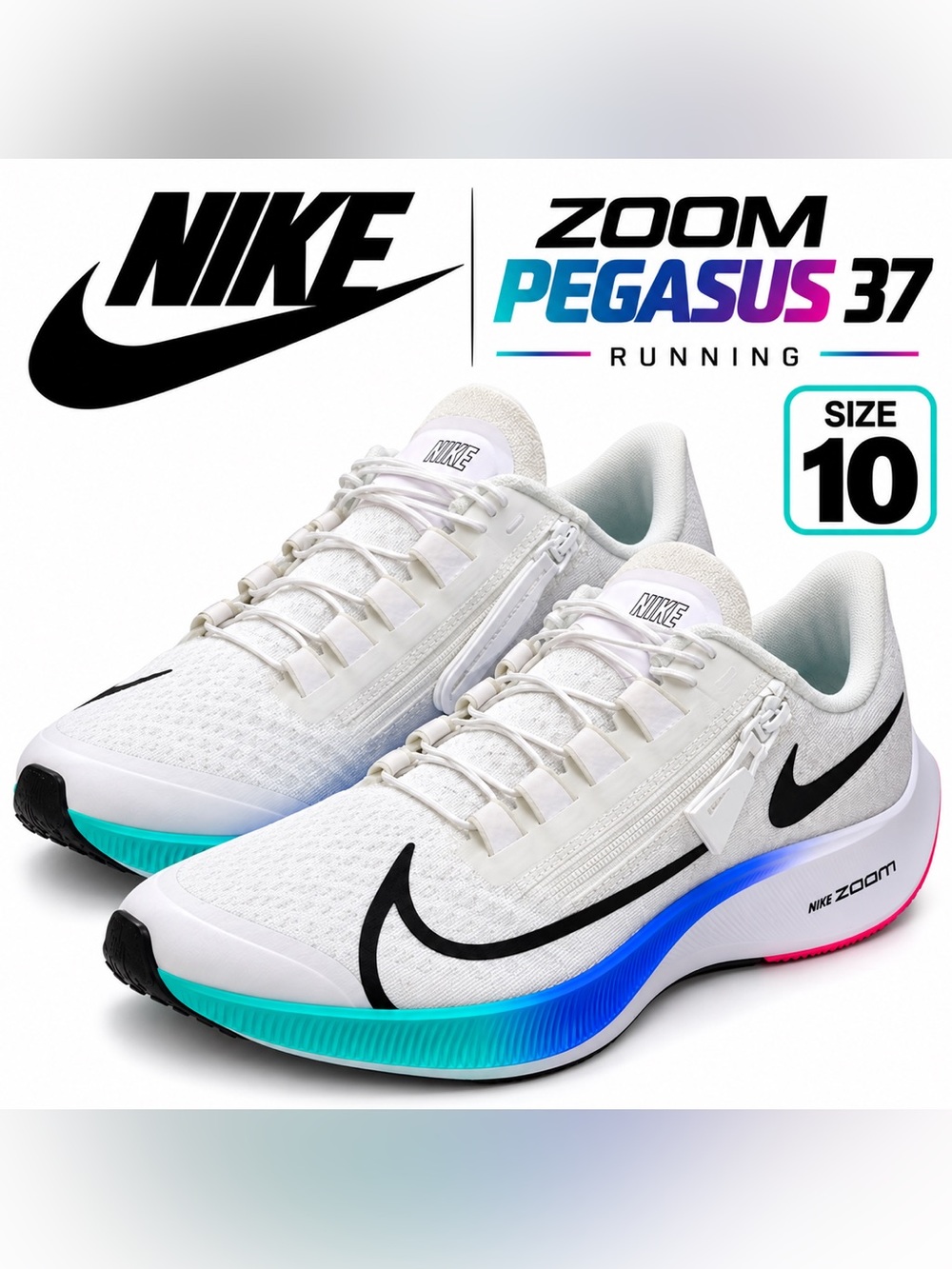 Nike Air Zoom Pegasus 37 FlyEase White Multi-Color Running Shoes Men’s 10 NWOB